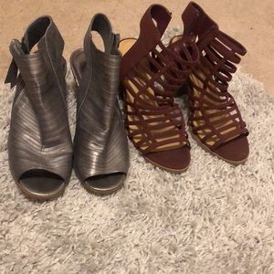 Bundle Women size 8 gray open toe heels, size 8 burgundy strapped block heels